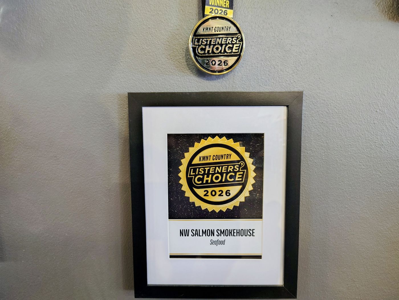 KMNT Listeners' Choice 2026 Seafood award with winner medal